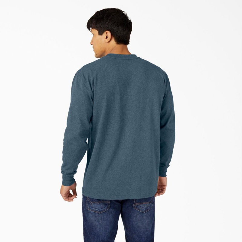 Men's Dickies Heavyweight Heathered Long Sleeve Pocket T-Shirt Blue | 9148375-FV