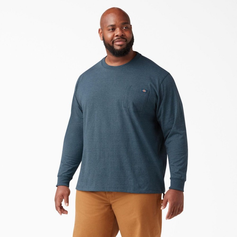 Men's Dickies Heavyweight Heathered Long Sleeve Pocket T-Shirt Blue | 9148375-FV