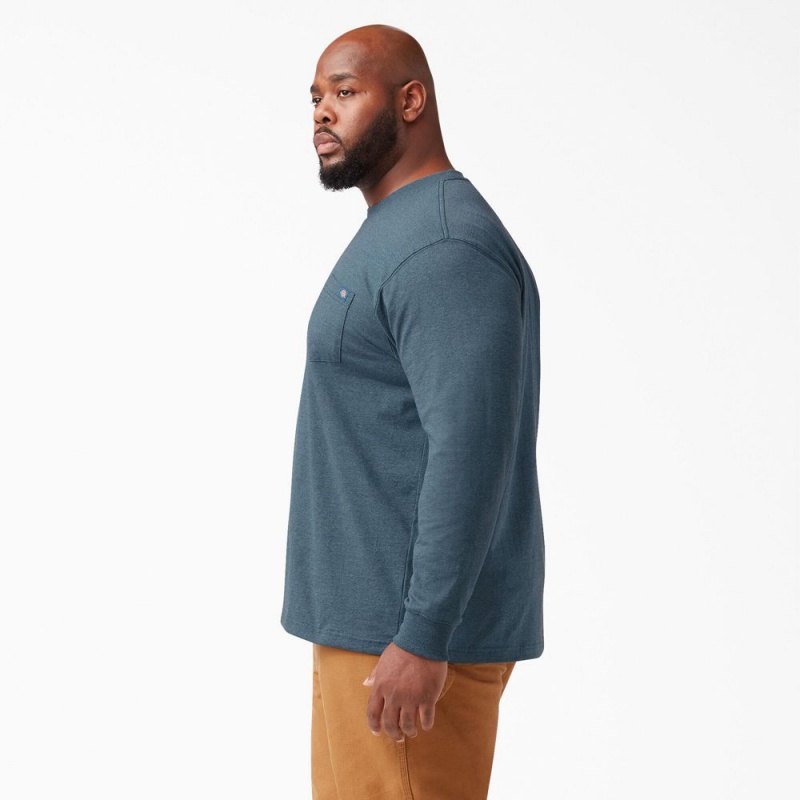 Men's Dickies Heavyweight Heathered Long Sleeve Pocket T-Shirt Blue | 9148375-FV