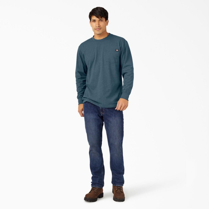 Men's Dickies Heavyweight Heathered Long Sleeve Pocket T-Shirt Blue | 9148375-FV