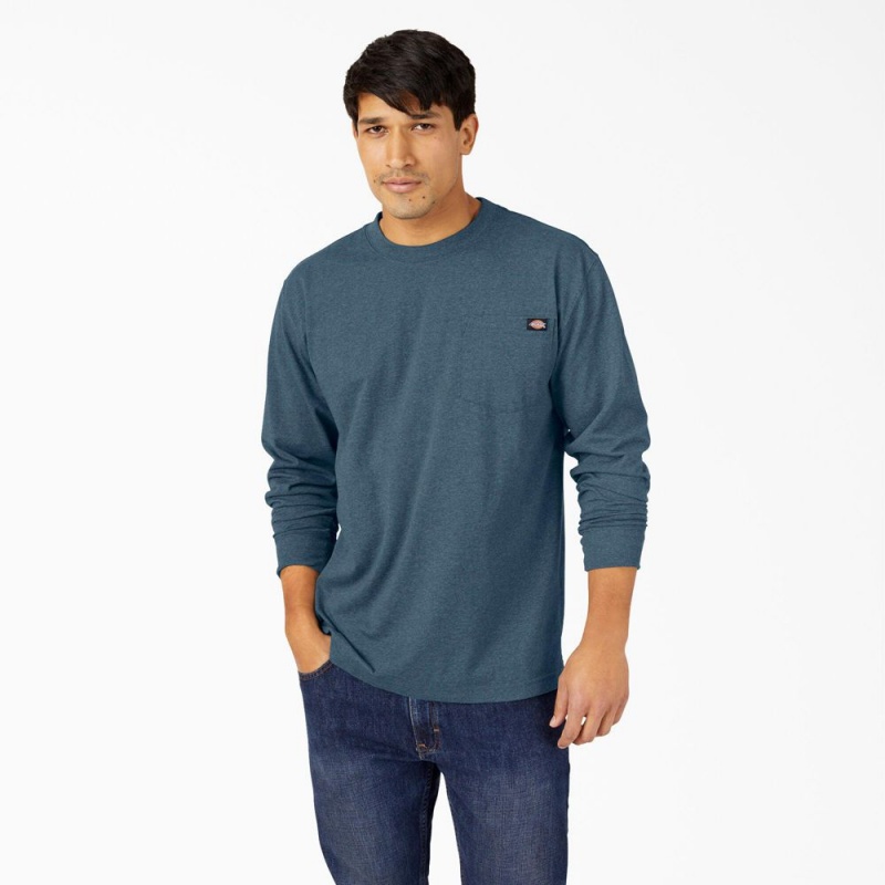 Men\'s Dickies Heavyweight Heathered Long Sleeve Pocket T-Shirt Blue | 9148375-FV