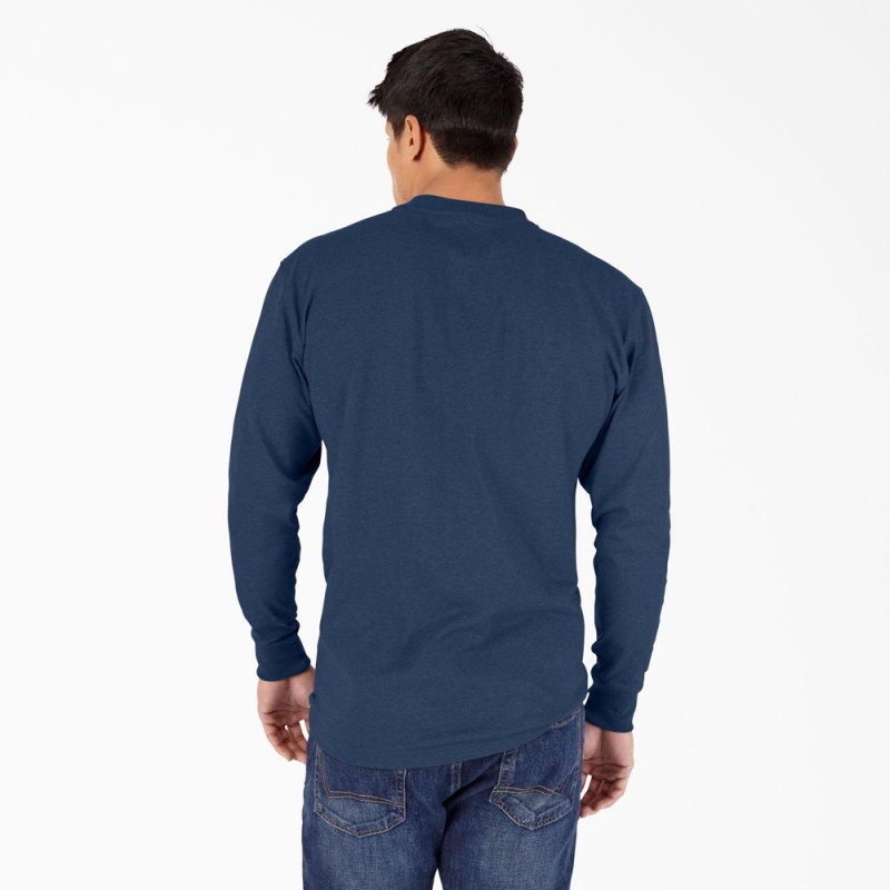 Men's Dickies Heavyweight Heathered Long Sleeve Henley T-Shirt Navy | 3970586-FI