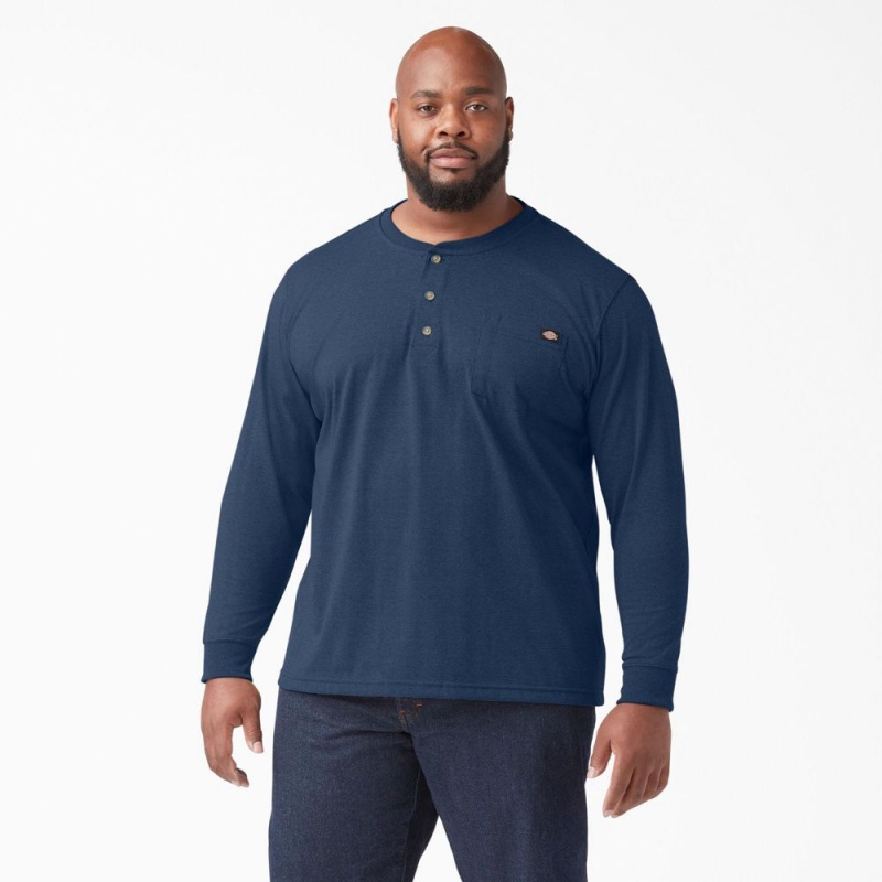 Men's Dickies Heavyweight Heathered Long Sleeve Henley T-Shirt Navy | 3970586-FI