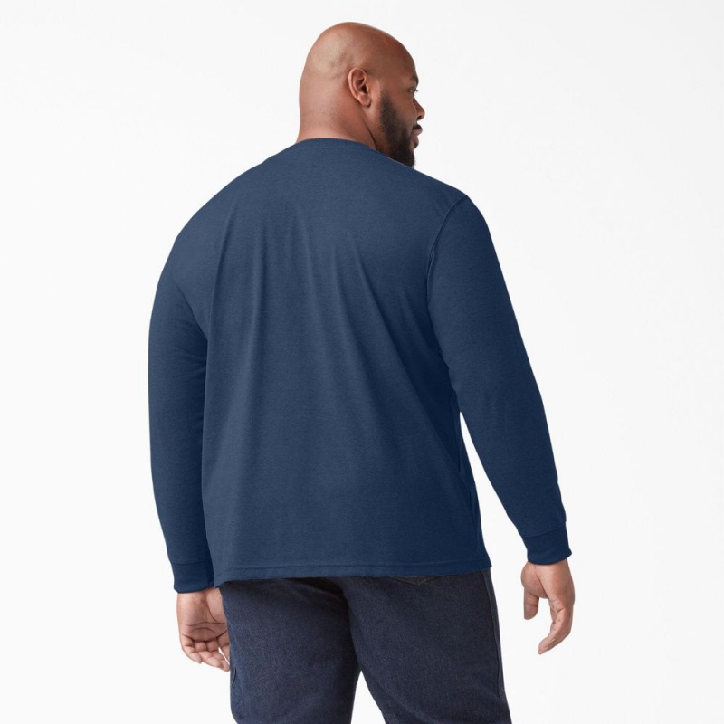 Men's Dickies Heavyweight Heathered Long Sleeve Henley T-Shirt Navy | 3970586-FI