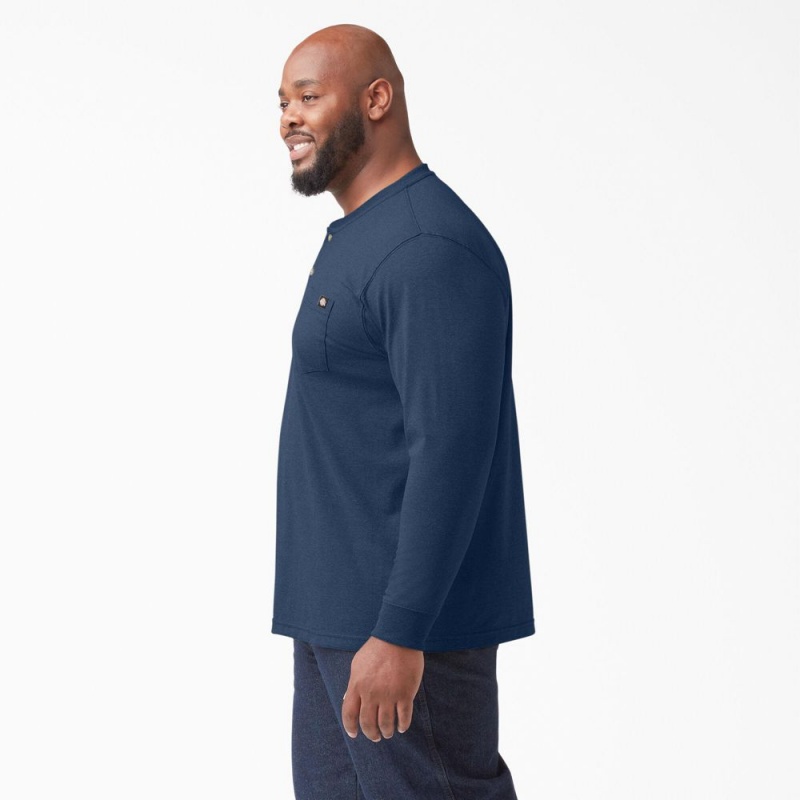 Men's Dickies Heavyweight Heathered Long Sleeve Henley T-Shirt Navy | 3970586-FI