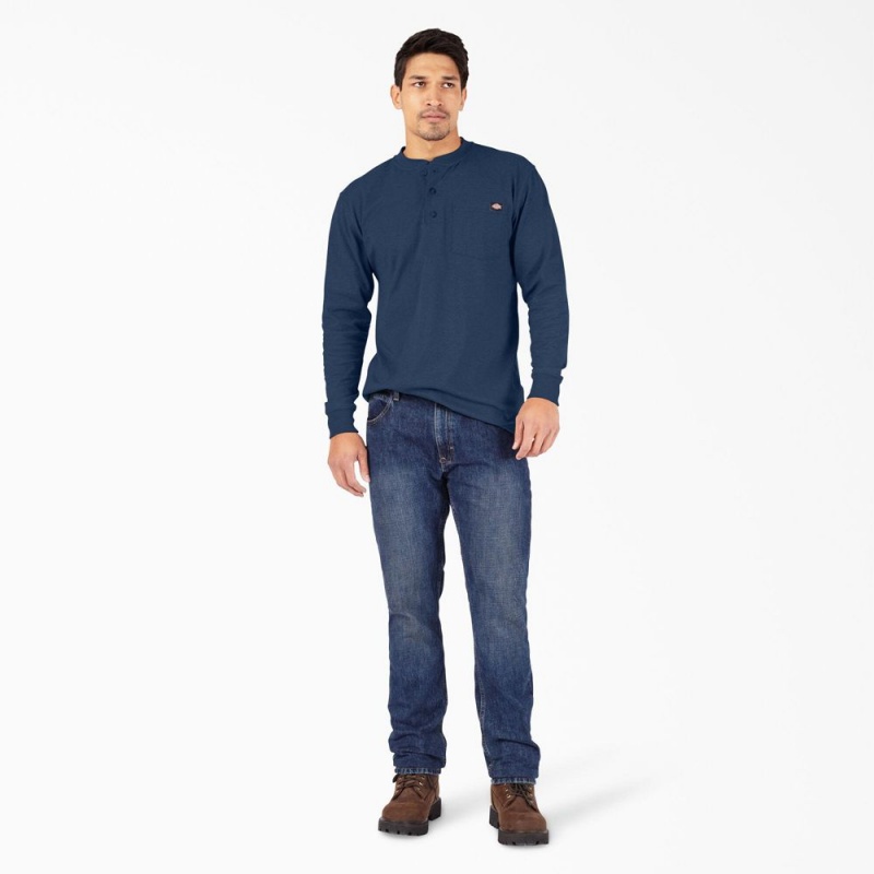 Men's Dickies Heavyweight Heathered Long Sleeve Henley T-Shirt Navy | 3970586-FI