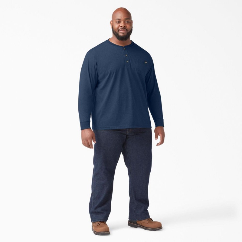 Men's Dickies Heavyweight Heathered Long Sleeve Henley T-Shirt Navy | 3970586-FI