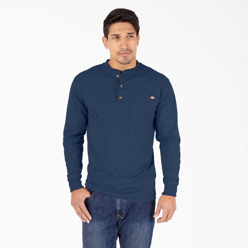 Men\'s Dickies Heavyweight Heathered Long Sleeve Henley T-Shirt Navy | 3970586-FI