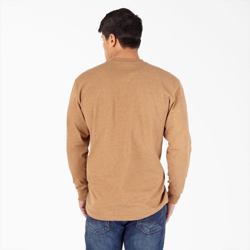 Men's Dickies Heavyweight Heathered Long Sleeve Henley T-Shirt Brown | 3504819-QT