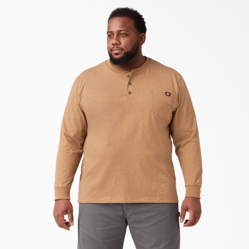 Men's Dickies Heavyweight Heathered Long Sleeve Henley T-Shirt Brown | 3504819-QT