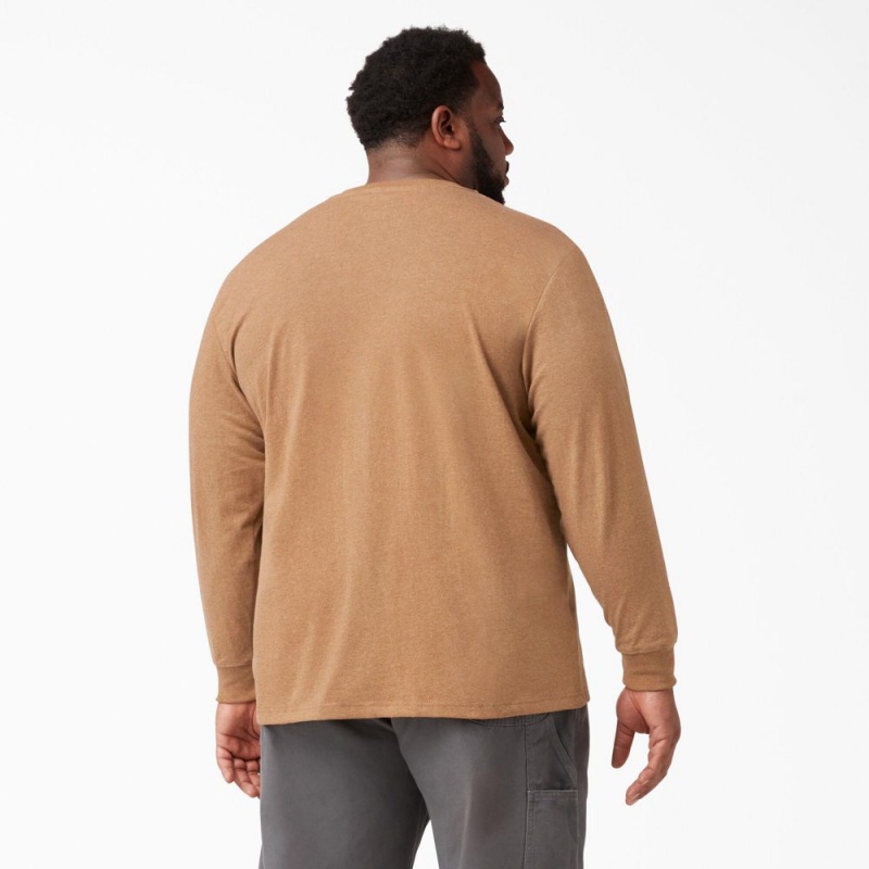 Men's Dickies Heavyweight Heathered Long Sleeve Henley T-Shirt Brown | 3504819-QT