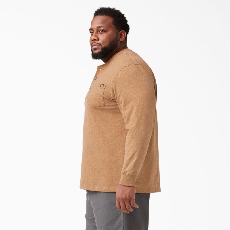 Men's Dickies Heavyweight Heathered Long Sleeve Henley T-Shirt Brown | 3504819-QT