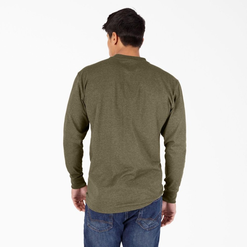 Men's Dickies Heavyweight Heathered Long Sleeve Henley T-Shirt Green | 0183456-MR