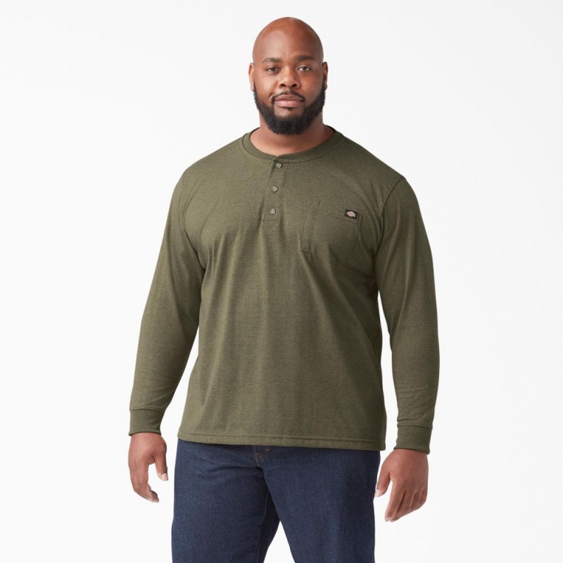 Men's Dickies Heavyweight Heathered Long Sleeve Henley T-Shirt Green | 0183456-MR