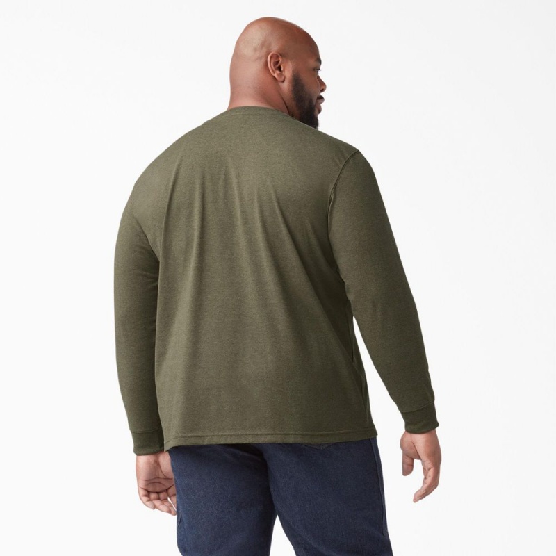 Men's Dickies Heavyweight Heathered Long Sleeve Henley T-Shirt Green | 0183456-MR