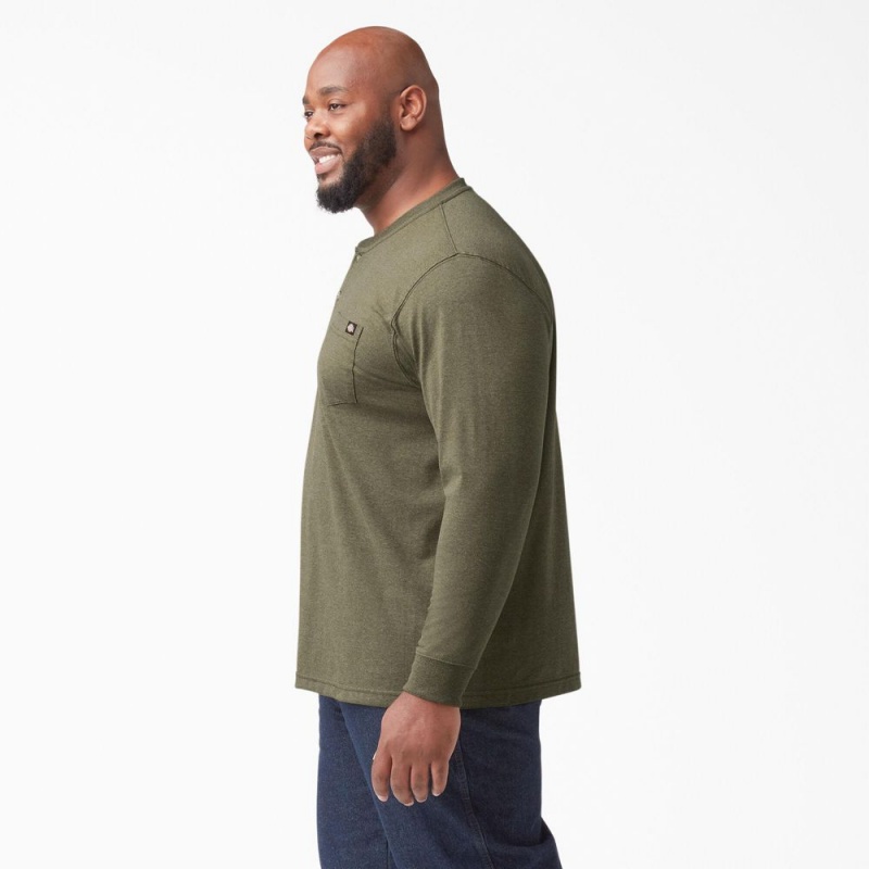 Men's Dickies Heavyweight Heathered Long Sleeve Henley T-Shirt Green | 0183456-MR