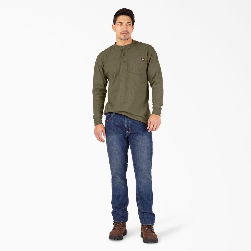 Men's Dickies Heavyweight Heathered Long Sleeve Henley T-Shirt Green | 0183456-MR