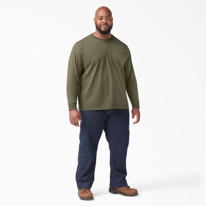 Men's Dickies Heavyweight Heathered Long Sleeve Henley T-Shirt Green | 0183456-MR