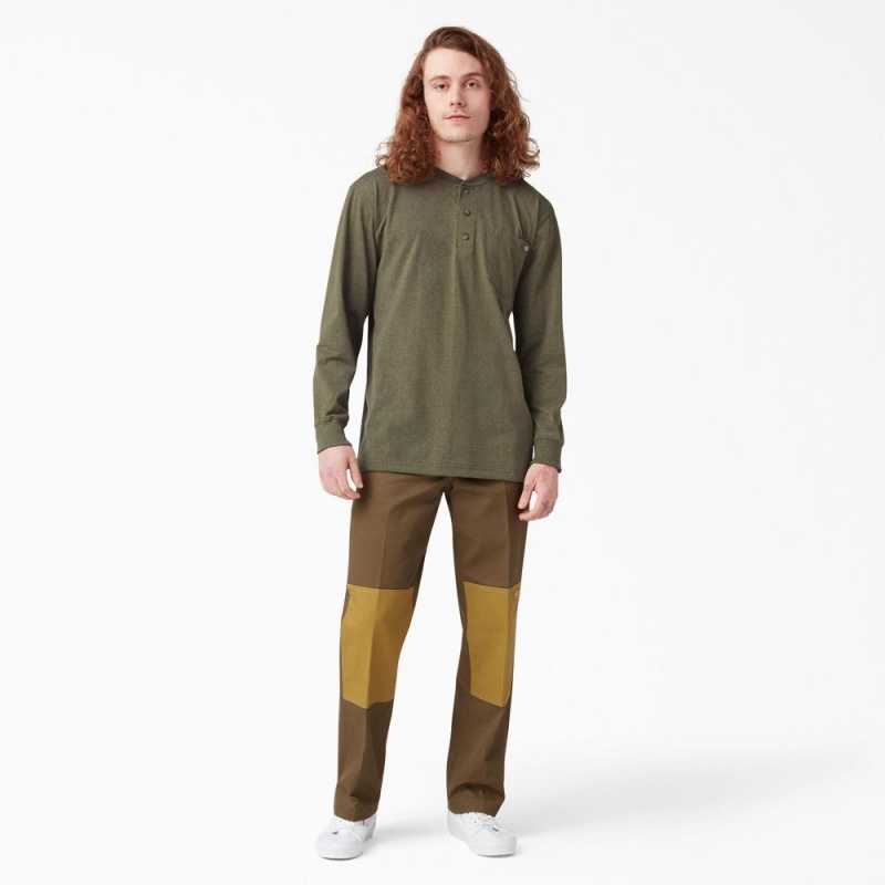 Men's Dickies Heavyweight Heathered Long Sleeve Henley T-Shirt Green | 0183456-MR