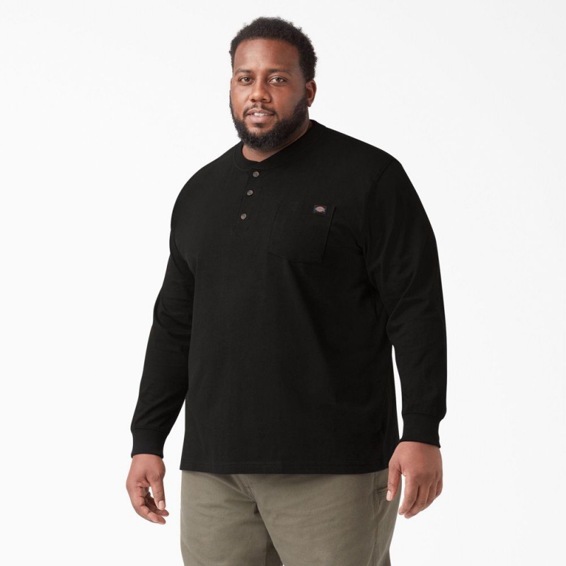 Men's Dickies Heavyweight Long Sleeve Henley T-Shirt Black | 3176092-YQ