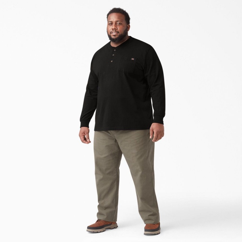 Men's Dickies Heavyweight Long Sleeve Henley T-Shirt Black | 3176092-YQ