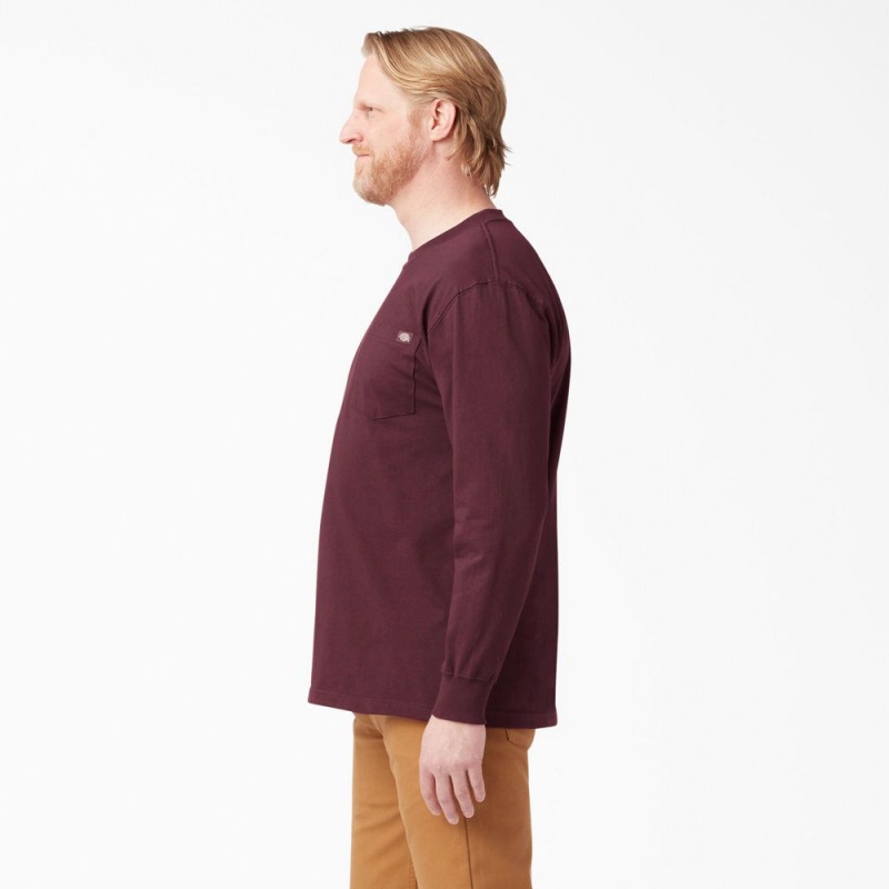 Men's Dickies Heavyweight Long Sleeve Pocket T-Shirt Burgundy | 8632459-HB