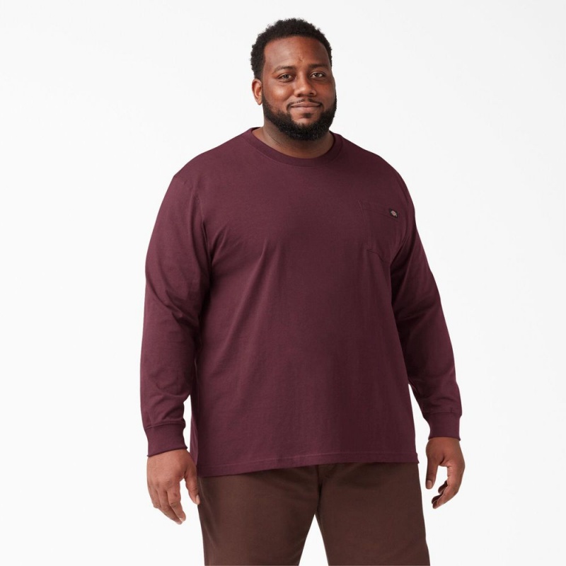 Men's Dickies Heavyweight Long Sleeve Pocket T-Shirt Burgundy | 8632459-HB