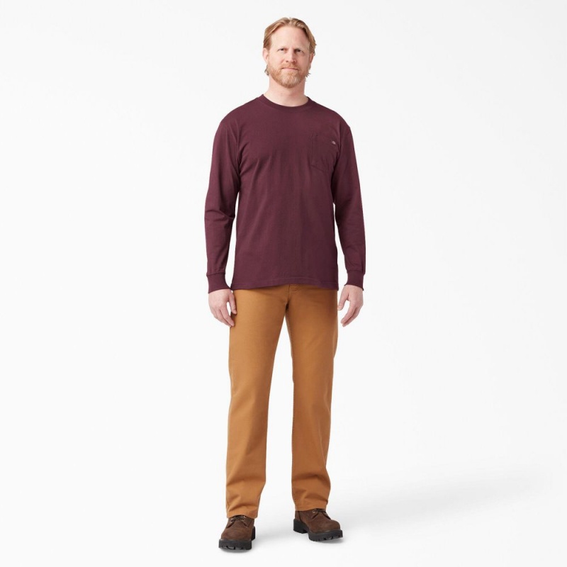 Men's Dickies Heavyweight Long Sleeve Pocket T-Shirt Burgundy | 8632459-HB