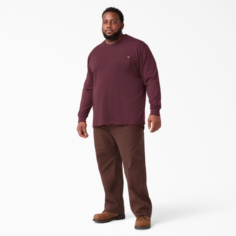 Men's Dickies Heavyweight Long Sleeve Pocket T-Shirt Burgundy | 8632459-HB