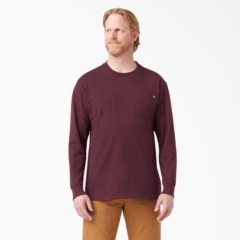 Men\'s Dickies Heavyweight Long Sleeve Pocket T-Shirt Burgundy | 8632459-HB