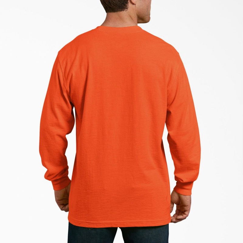 Men's Dickies Heavyweight Neon Long Sleeve Pocket T-Shirt Orange | 0762483-RL