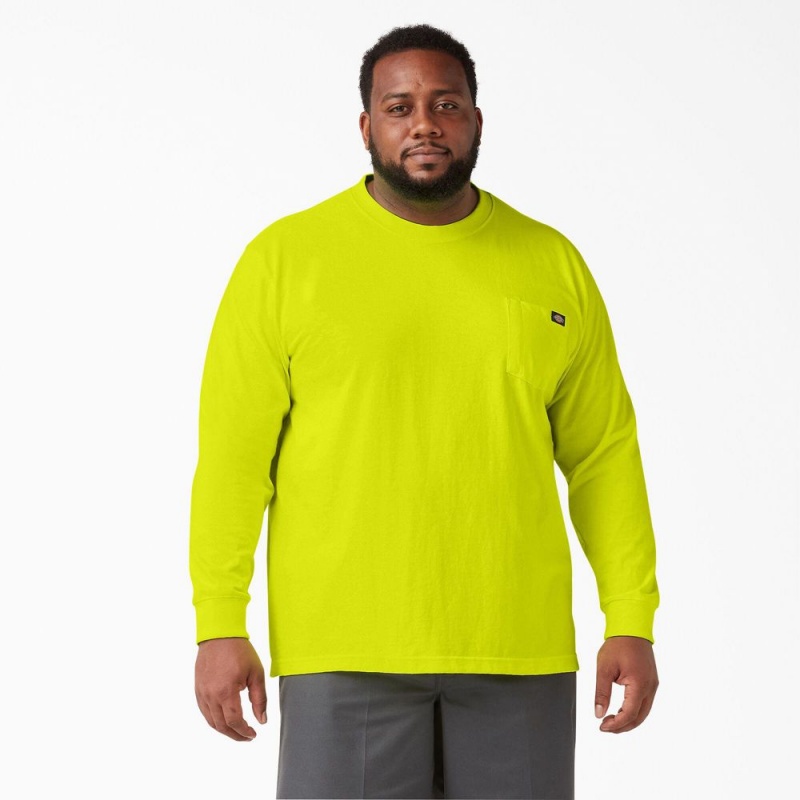 Men's Dickies Heavyweight Neon Long Sleeve Pocket T-Shirt Green | 4369078-NH