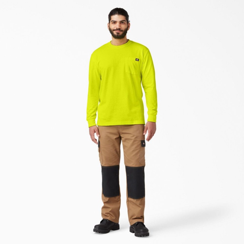 Men's Dickies Heavyweight Neon Long Sleeve Pocket T-Shirt Green | 4369078-NH