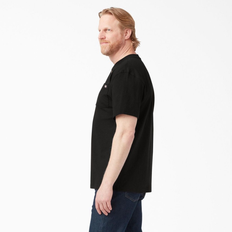 Men's Dickies Heavyweight Short Sleeve Henley T-Shirt Black | 4905678-PH