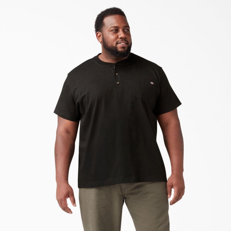 Men's Dickies Heavyweight Short Sleeve Henley T-Shirt Black | 4905678-PH