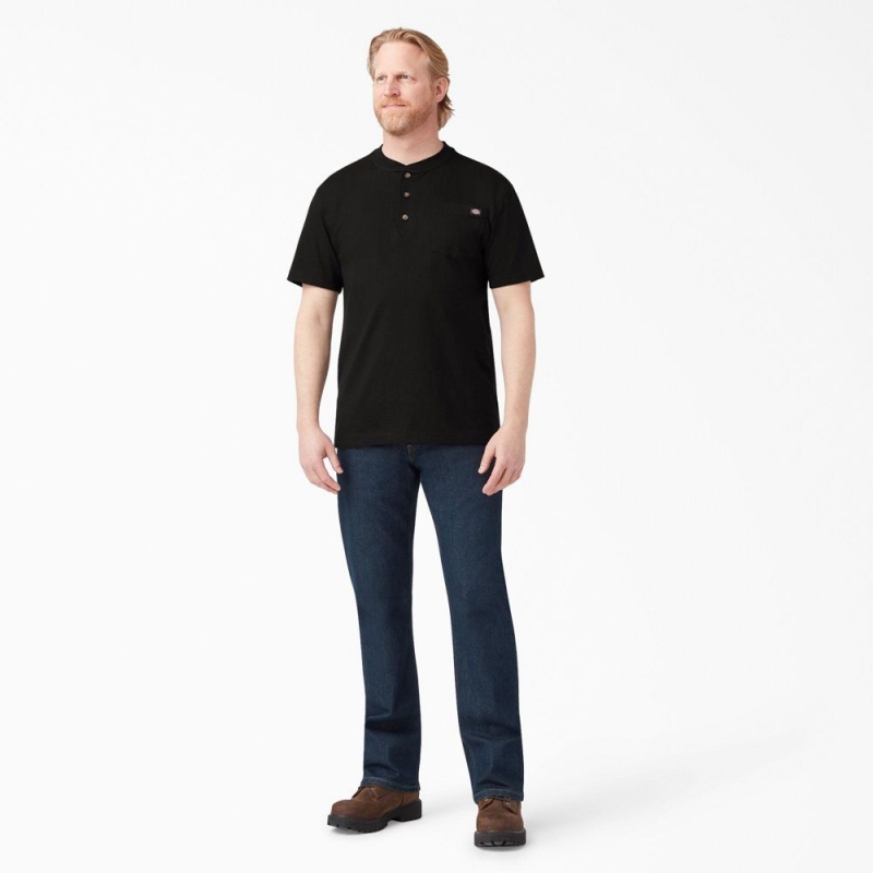 Men's Dickies Heavyweight Short Sleeve Henley T-Shirt Black | 4905678-PH