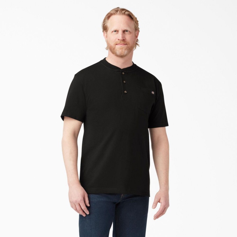 Men\'s Dickies Heavyweight Short Sleeve Henley T-Shirt Black | 4905678-PH