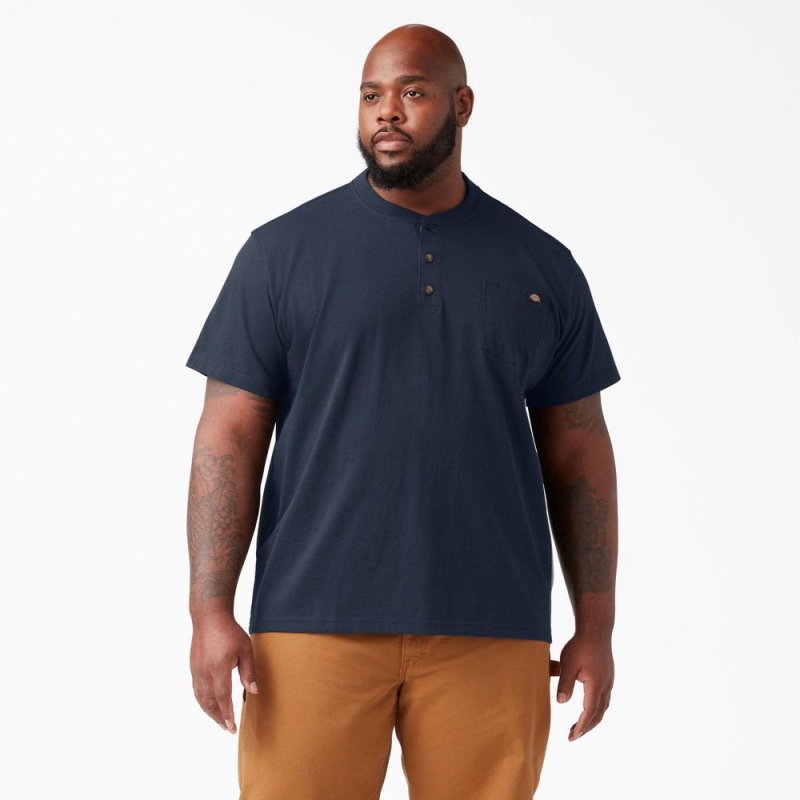 Men's Dickies Heavyweight Short Sleeve Henley T-Shirt Navy | 7950683-LM