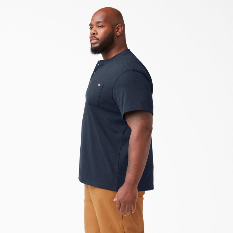 Men's Dickies Heavyweight Short Sleeve Henley T-Shirt Navy | 7950683-LM