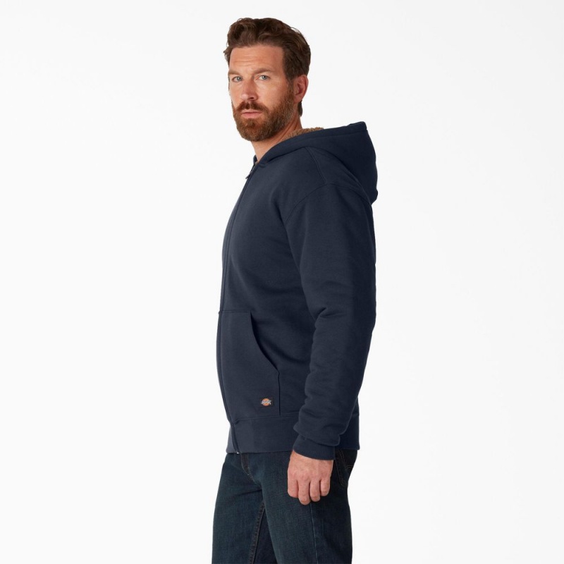 Men's Dickies High Pile Fleece Lined Full Zip Hoodie Navy | 5804731-BU