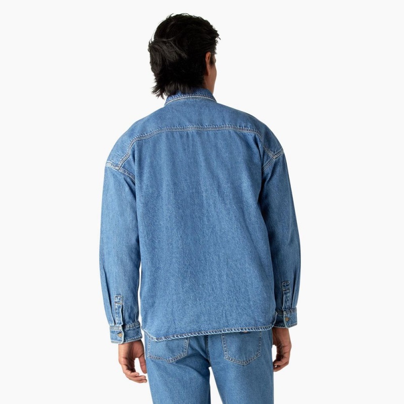 Men's Dickies Houston Denim Shirt Blue | 2013657-EN