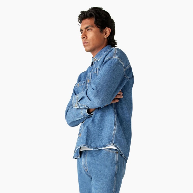 Men's Dickies Houston Denim Shirt Blue | 2013657-EN