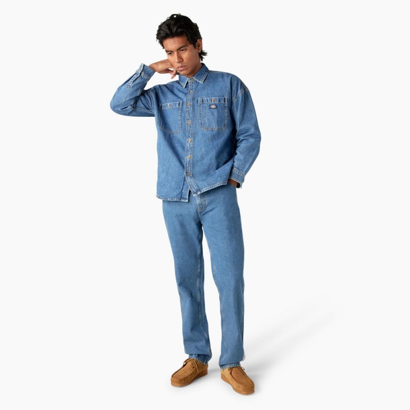 Men's Dickies Houston Denim Shirt Blue | 2013657-EN