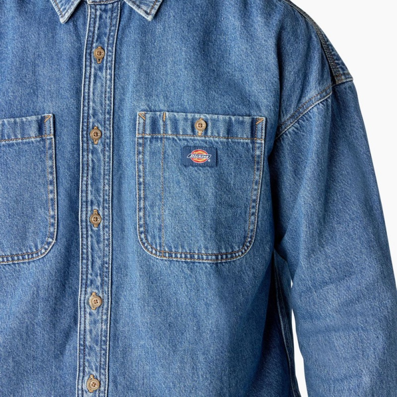 Men's Dickies Houston Denim Shirt Blue | 2013657-EN