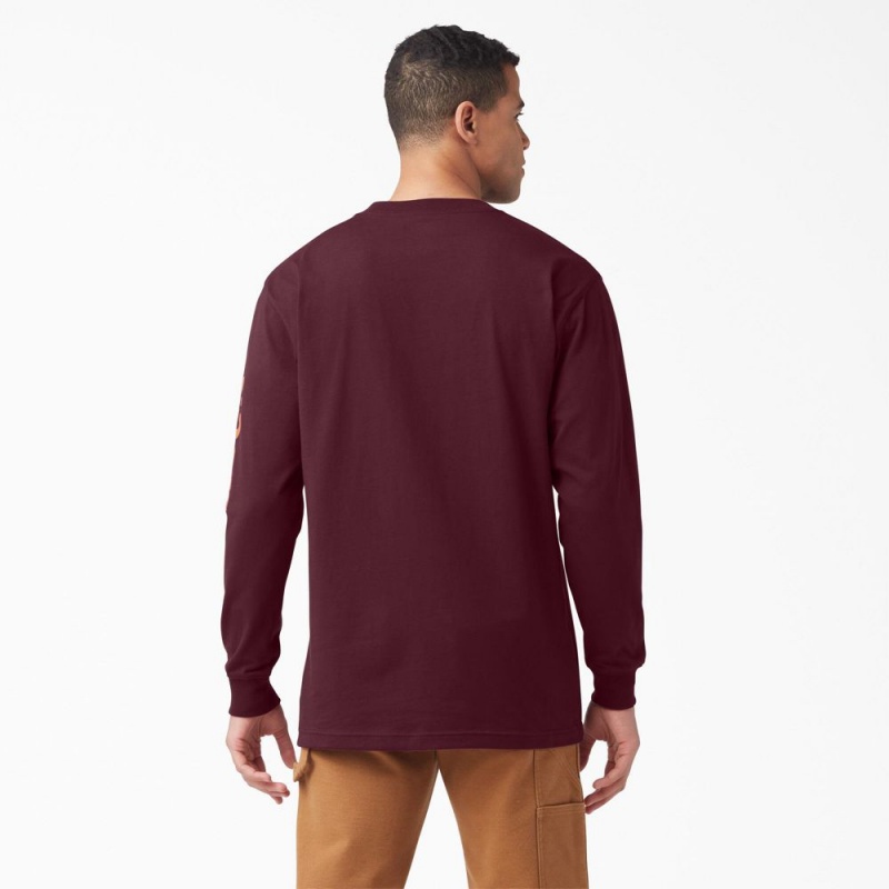 Men's Dickies Logo Graphic Long Sleeve Pocket T-Shirt Burgundy | 1045836-JD