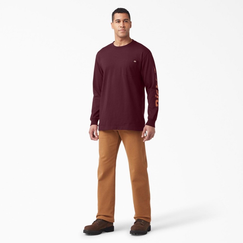 Men's Dickies Logo Graphic Long Sleeve Pocket T-Shirt Burgundy | 1045836-JD