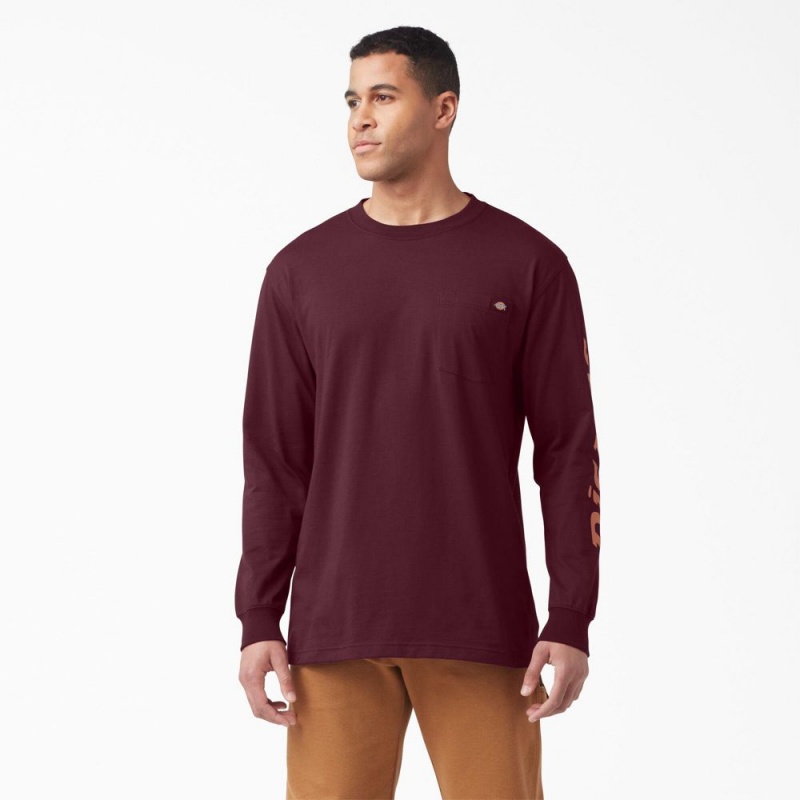 Men\'s Dickies Logo Graphic Long Sleeve Pocket T-Shirt Burgundy | 1045836-JD