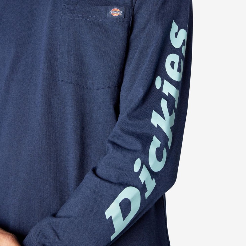 Men's Dickies Logo Graphic Long Sleeve Pocket T-Shirt Navy | 8075642-XE