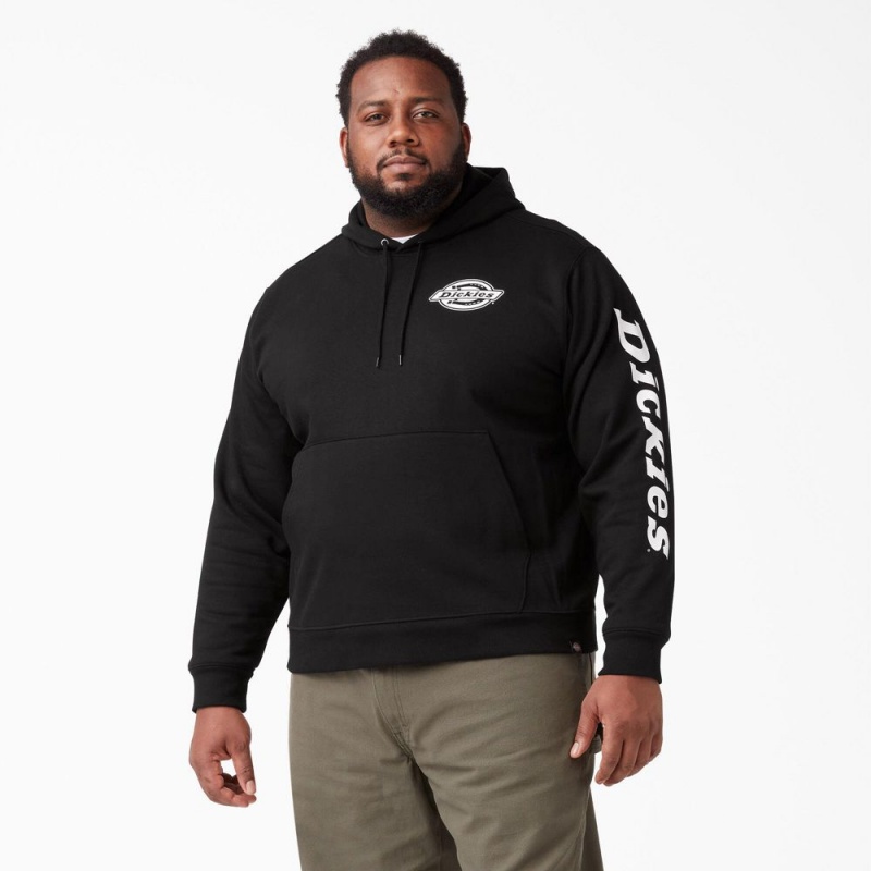 Men's Dickies Logo Sleeve Fleece Hoodie Black | 2450836-KY