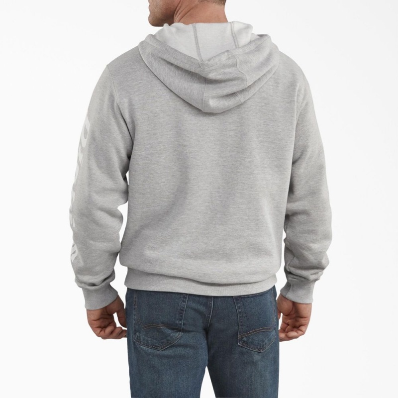 Men's Dickies Logo Sleeve Fleece Hoodie Grey | 4279561-ZT